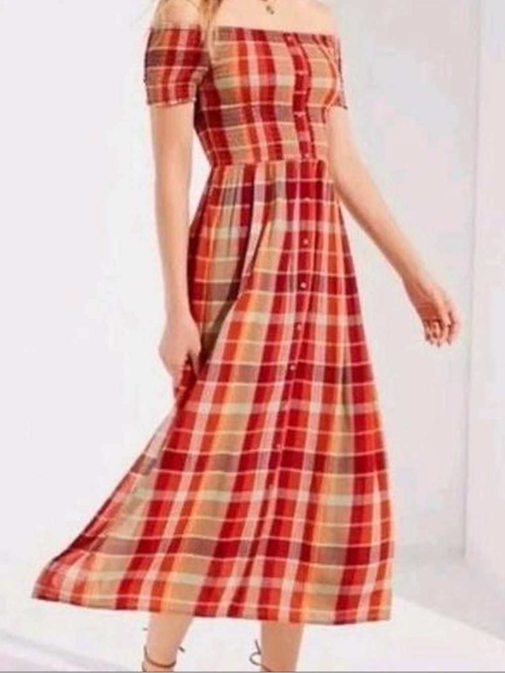 Urban Outfitters Red and Tan Plaid Off-Shoulder Maxi Dress